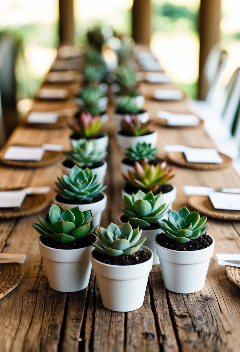 A rustic wooden table adorned with potted succulents as wedding favors