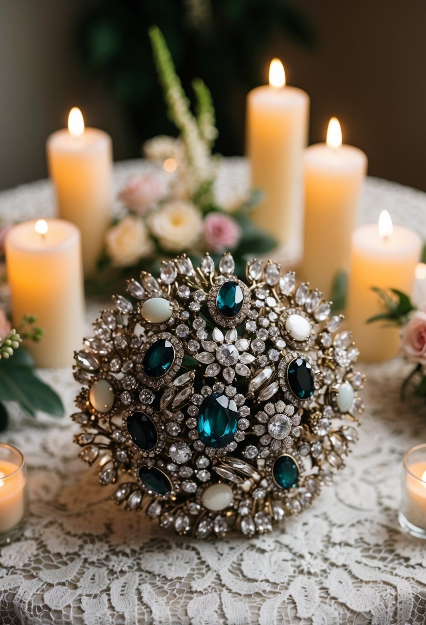 A brooch bouquet with vintage gems sits on a lace-covered table, surrounded by soft candlelight and delicate floral arrangements