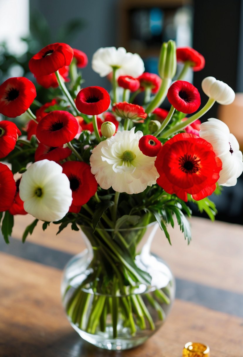 A vibrant bouquet of red ranunculus and white lisianthus in a clear glass vase