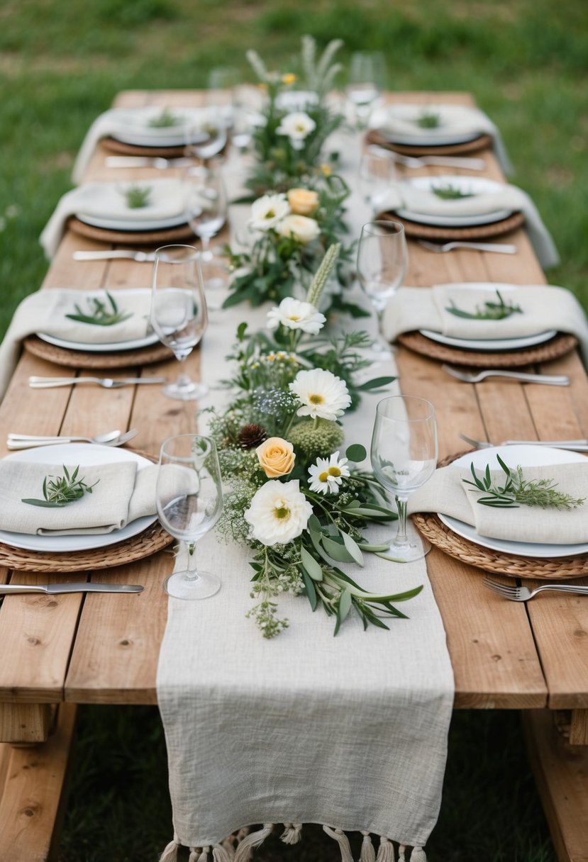 A rustic wooden table set with organic linen tablecloths, adorned with simple greenery and wildflowers, creating a cozy and elegant family-style wedding table decoration