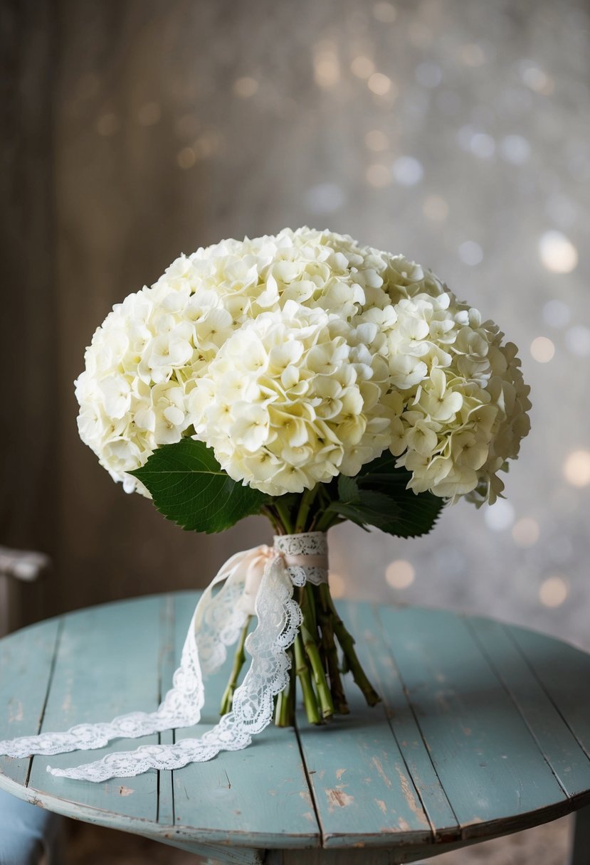 A vintage wedding bouquet of lush white hydrangeas, tied with delicate lace ribbon, sits on a weathered wooden table