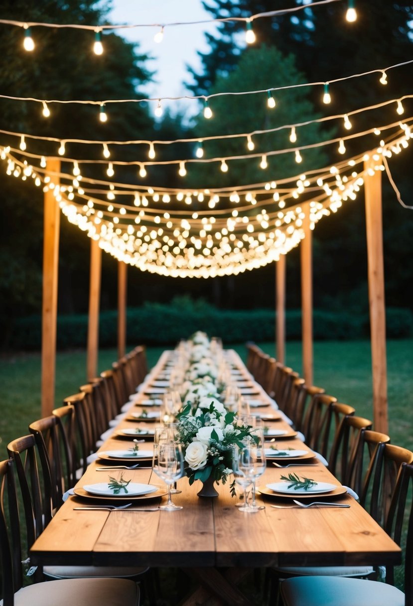 A long wooden table adorned with twinkling light canopies for a family-style wedding celebration