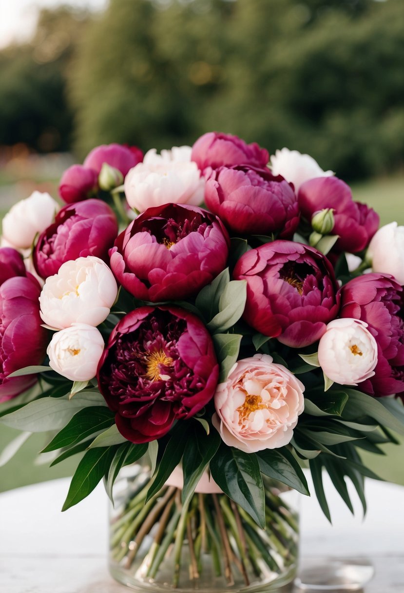 A lush bouquet of burgundy peonies and blush spray roses in red and white