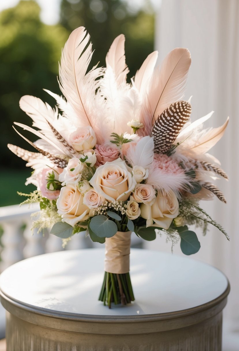 A vintage wedding bouquet with a fusion of feathers and floral elements, featuring soft pastel colors and delicate textures