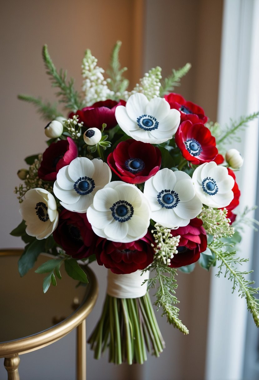 A chic bouquet of red and white anemones arranged in a delicate, cascading design for a wedding