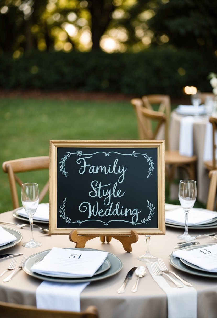 A chalkboard table with numbered settings for a family-style wedding