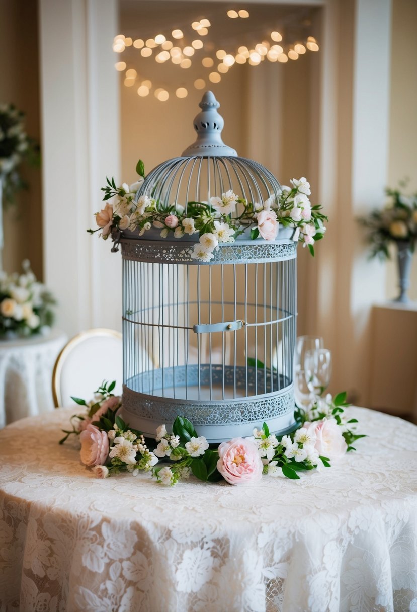 A birdcage adorned with blossoms sits atop a lace-covered table, surrounded by vintage wedding decor