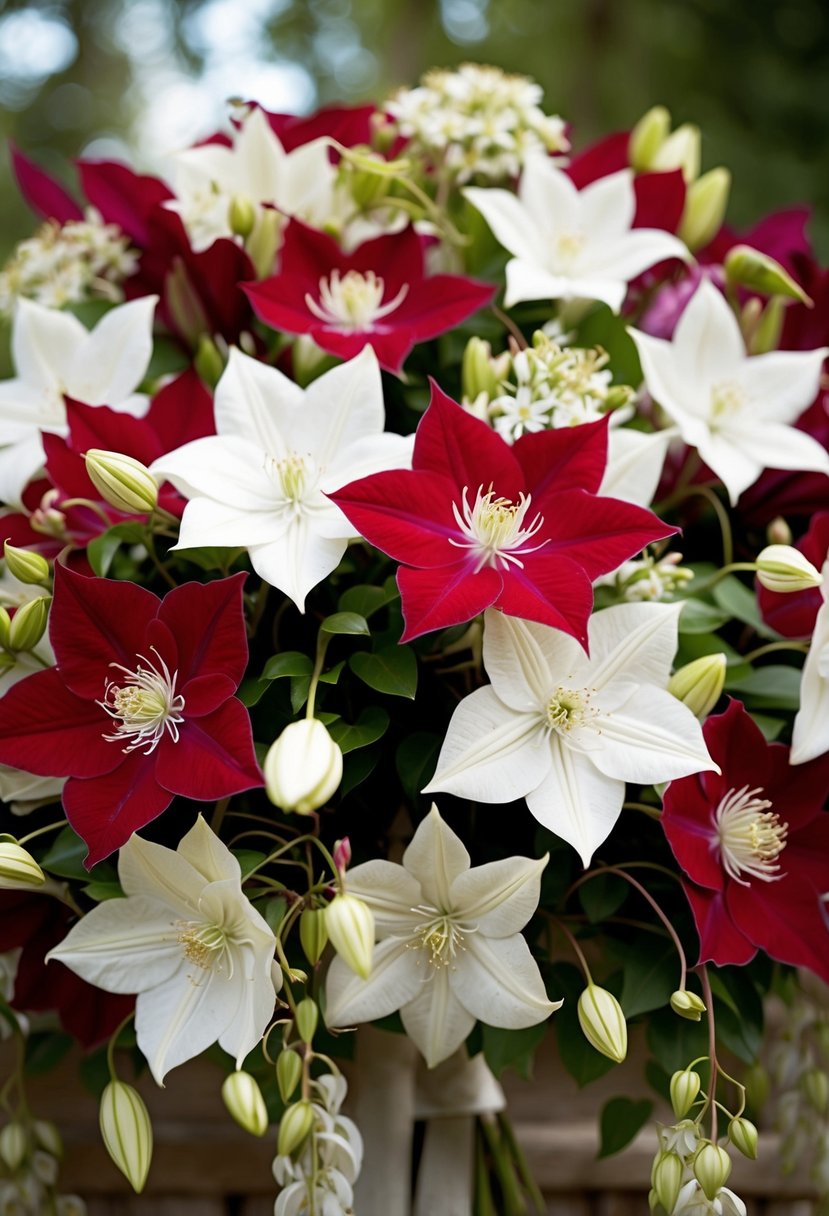 A lush arrangement of red and white clematis blooms in a romantic wedding bouquet