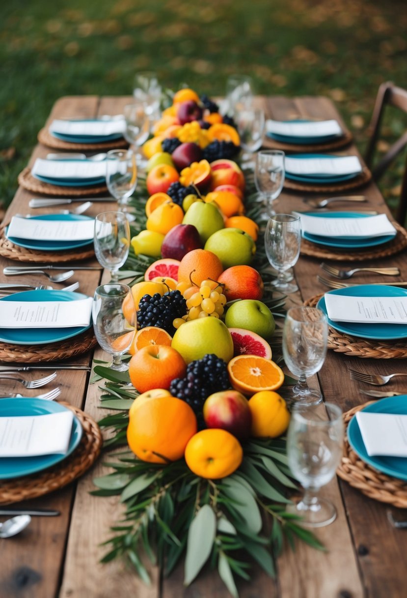 A rustic wooden table adorned with an array of colorful seasonal fruits arranged in a family-style wedding table decoration