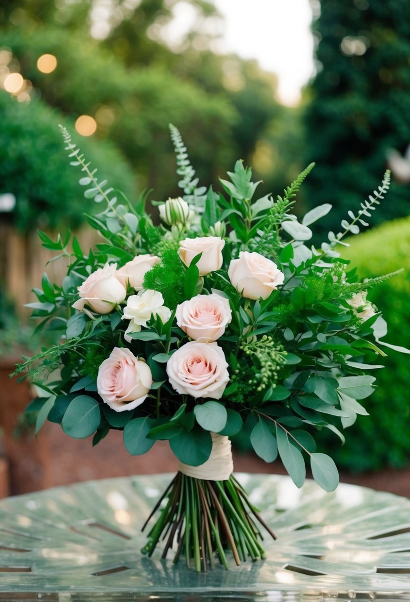 A lush bouquet of greenery and roses arranged in a vintage style