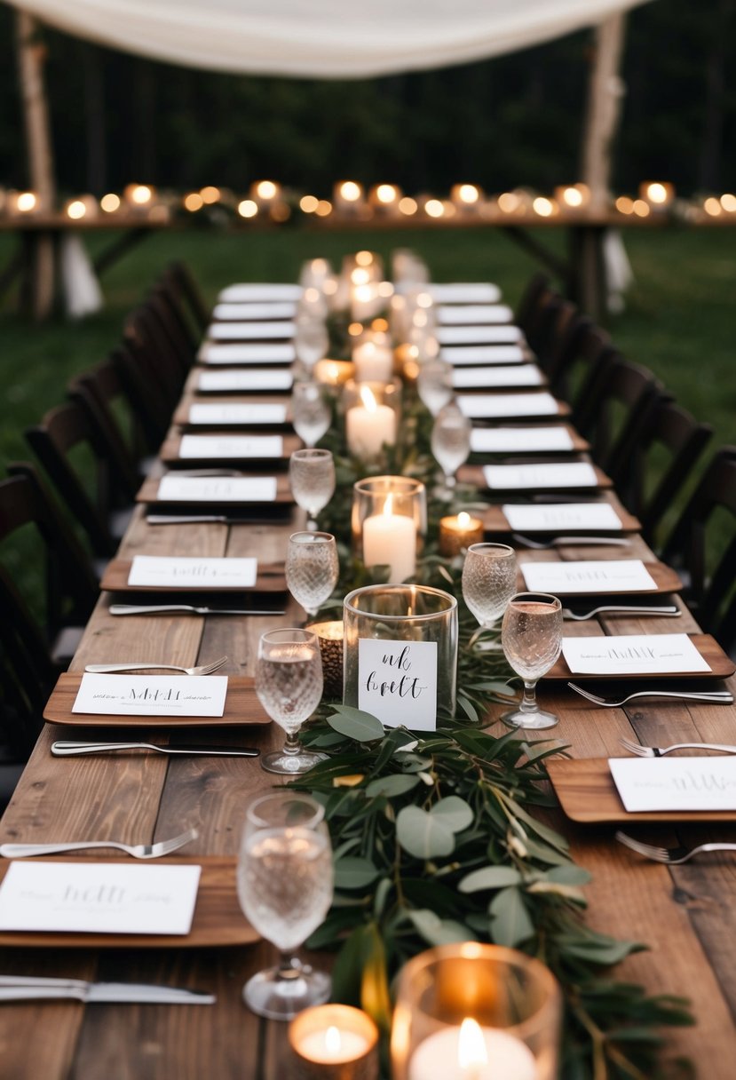 A long wooden table set with personalized place cards, surrounded by rustic centerpieces and soft candlelight for a cozy family-style wedding celebration