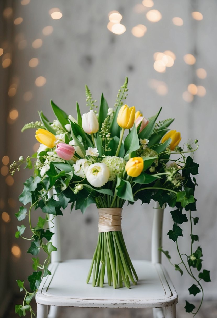 A vintage wedding bouquet with trailing ivy and a mix of tulips