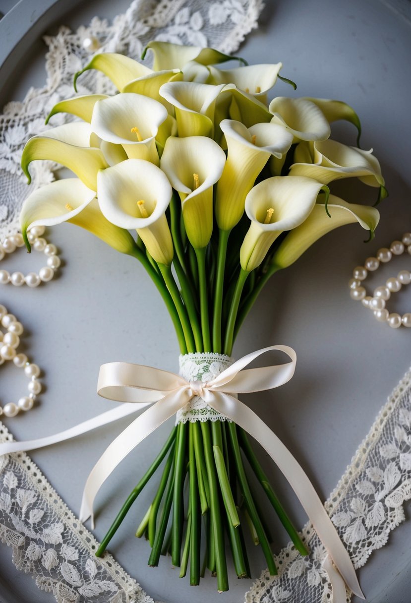 A bouquet of calla lilies tied with a delicate ribbon, surrounded by vintage lace and pearls