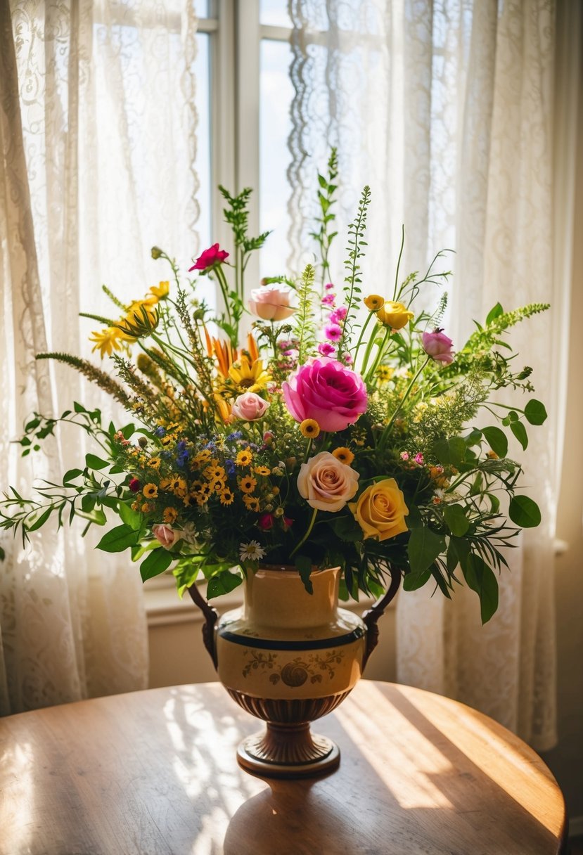 A colorful bouquet of wildflowers, roses, and greenery arranged in a vintage vase on a wooden table. Sunlight filters through lace curtains in the background