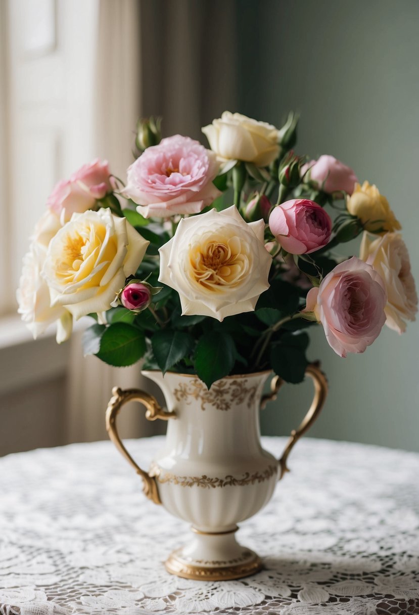 A delicate bouquet of mixed antique tea roses in a vintage vase on a lace-covered table