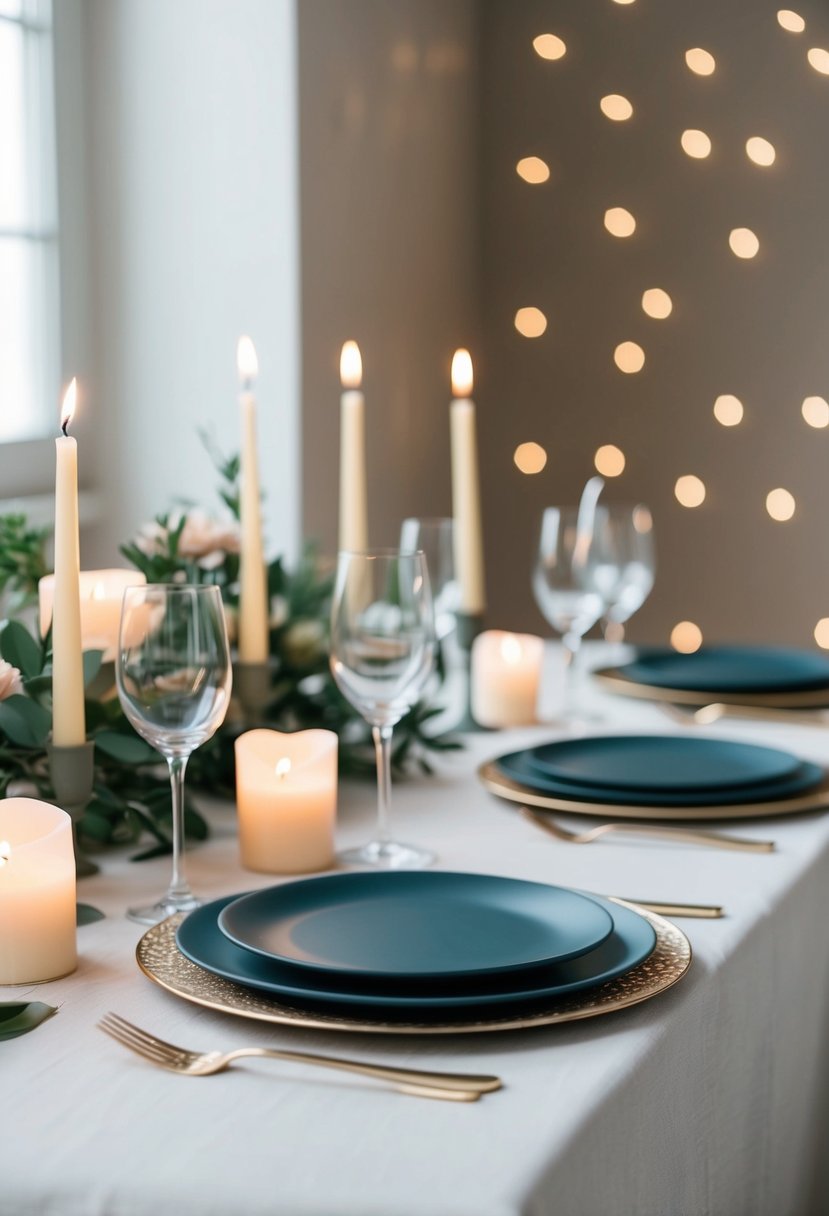 A simple, elegant table setting with muted colors and soft candlelight