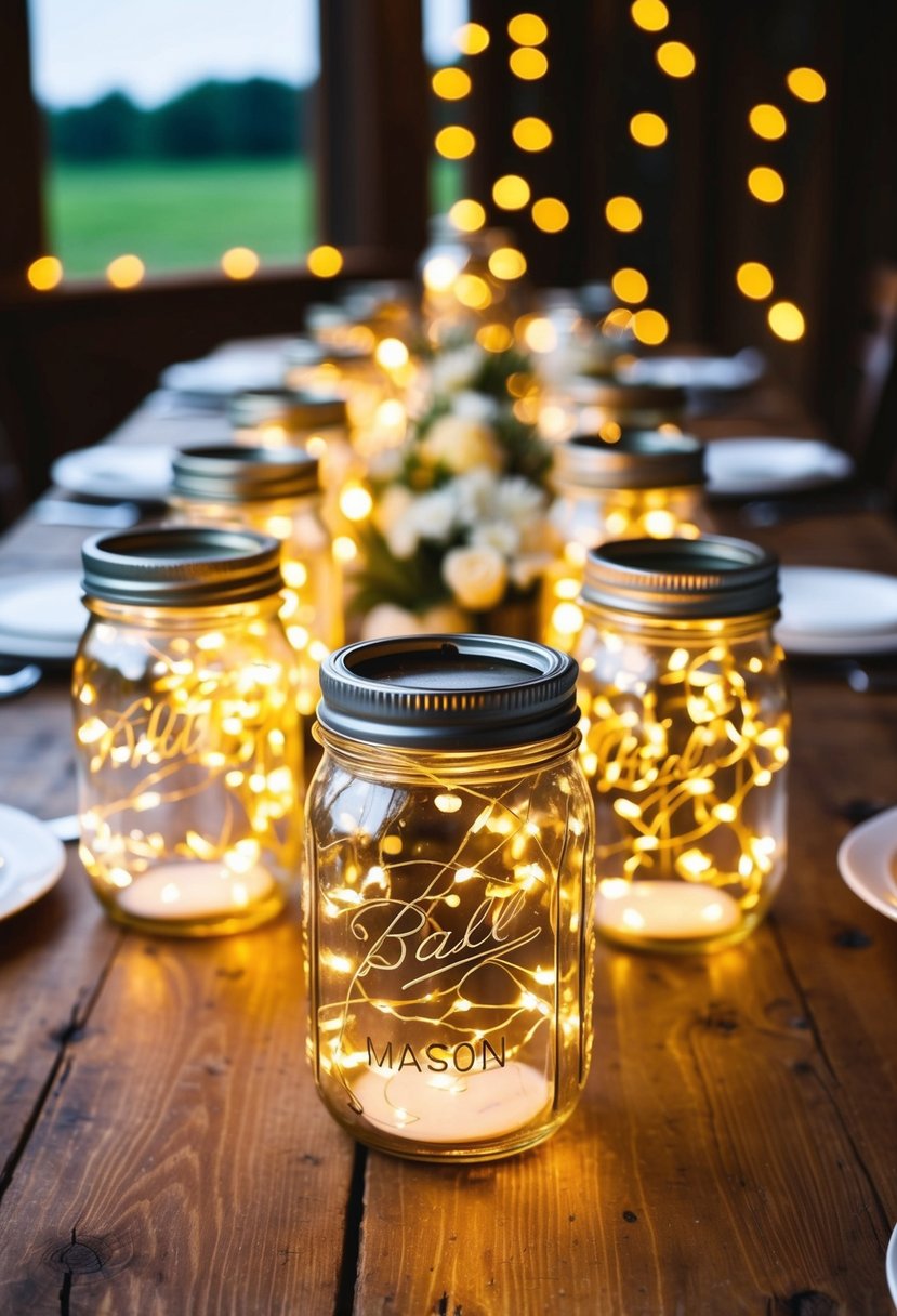 Mason jars filled with fairy lights illuminate a rustic wedding table