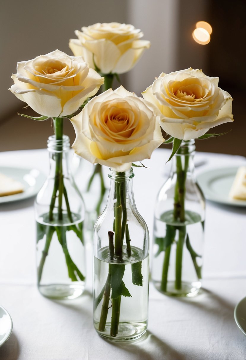 Single-stem roses in clear glass bottles arranged on a simple wedding table setting with soft lighting