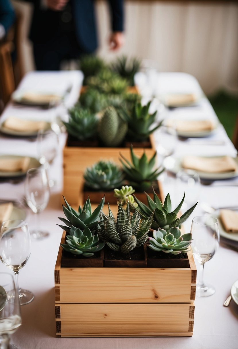 Wooden boxes hold succulents on a wedding table