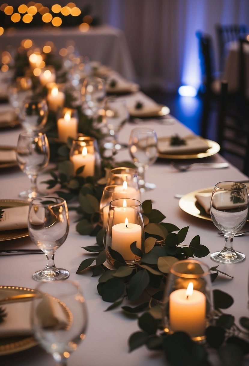 A dimly lit table adorned with votives and floating candles for a low key wedding ambiance