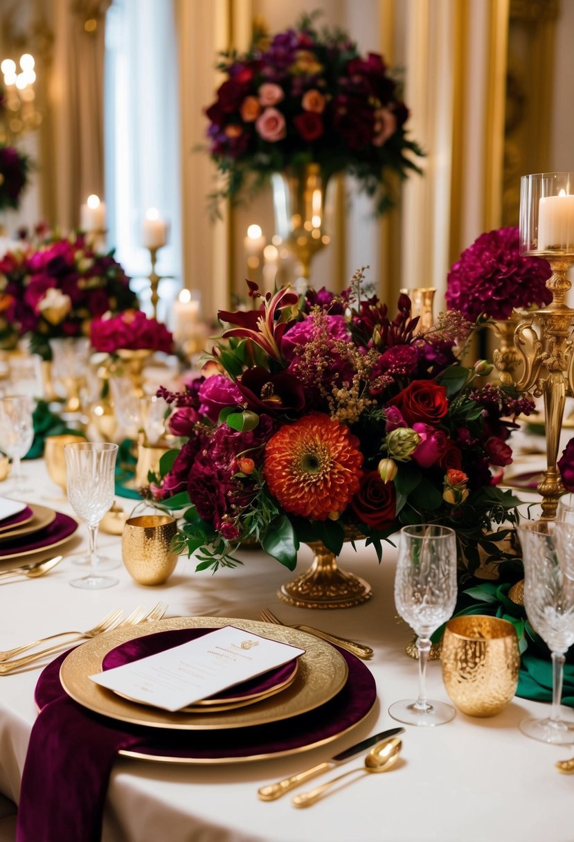 A lavish table adorned with rich jewel-toned floral arrangements, glistening glassware, and opulent gold accents