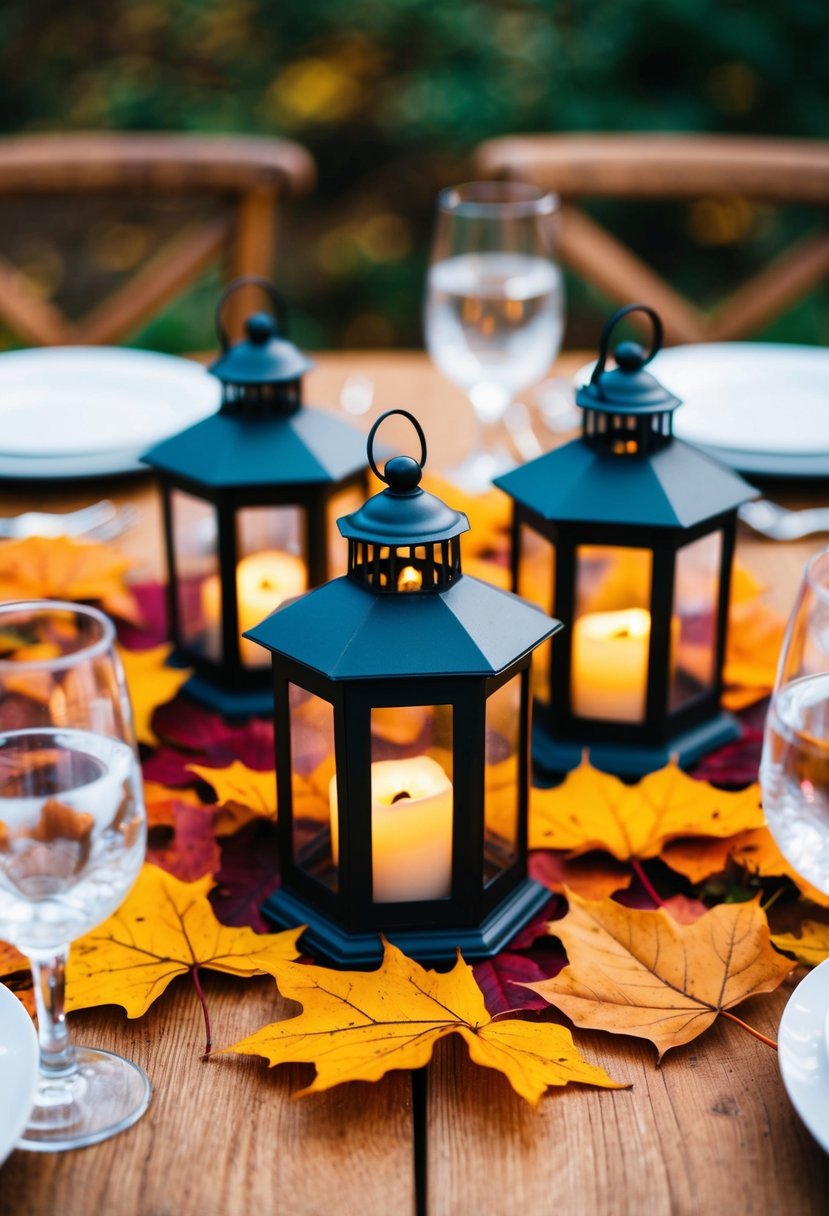 Miniature lanterns surrounded by fallen autumn leaves create a cozy wedding table setting