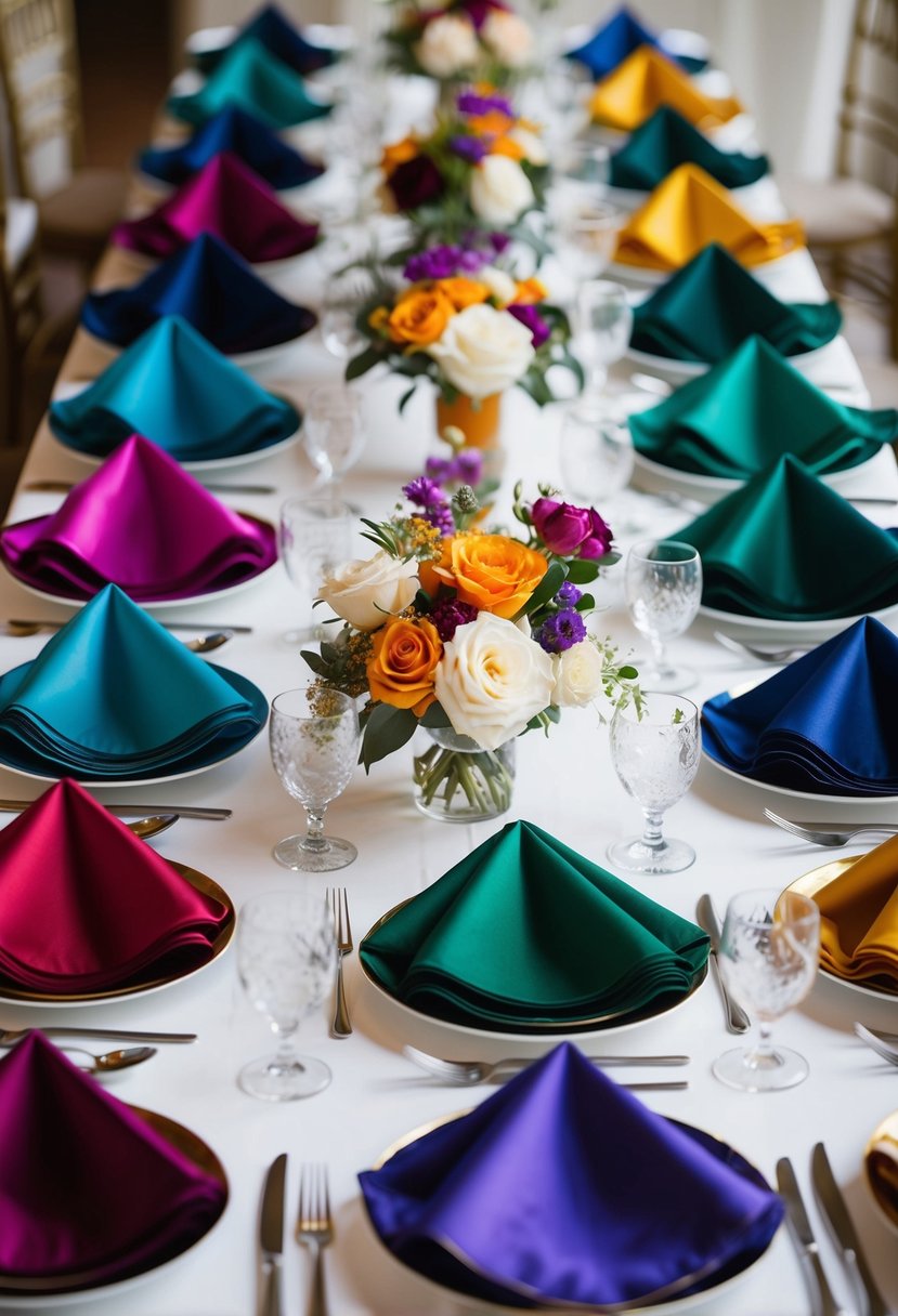 A table set with an array of jewel-toned napkins in various shades, creating a vibrant and elegant wedding table decoration