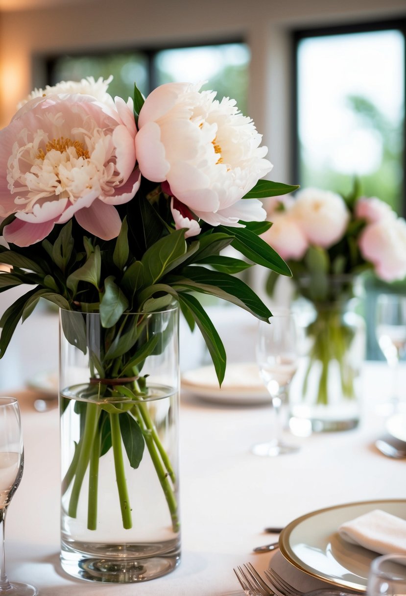 Peonies in clear vases on elegant wedding tables