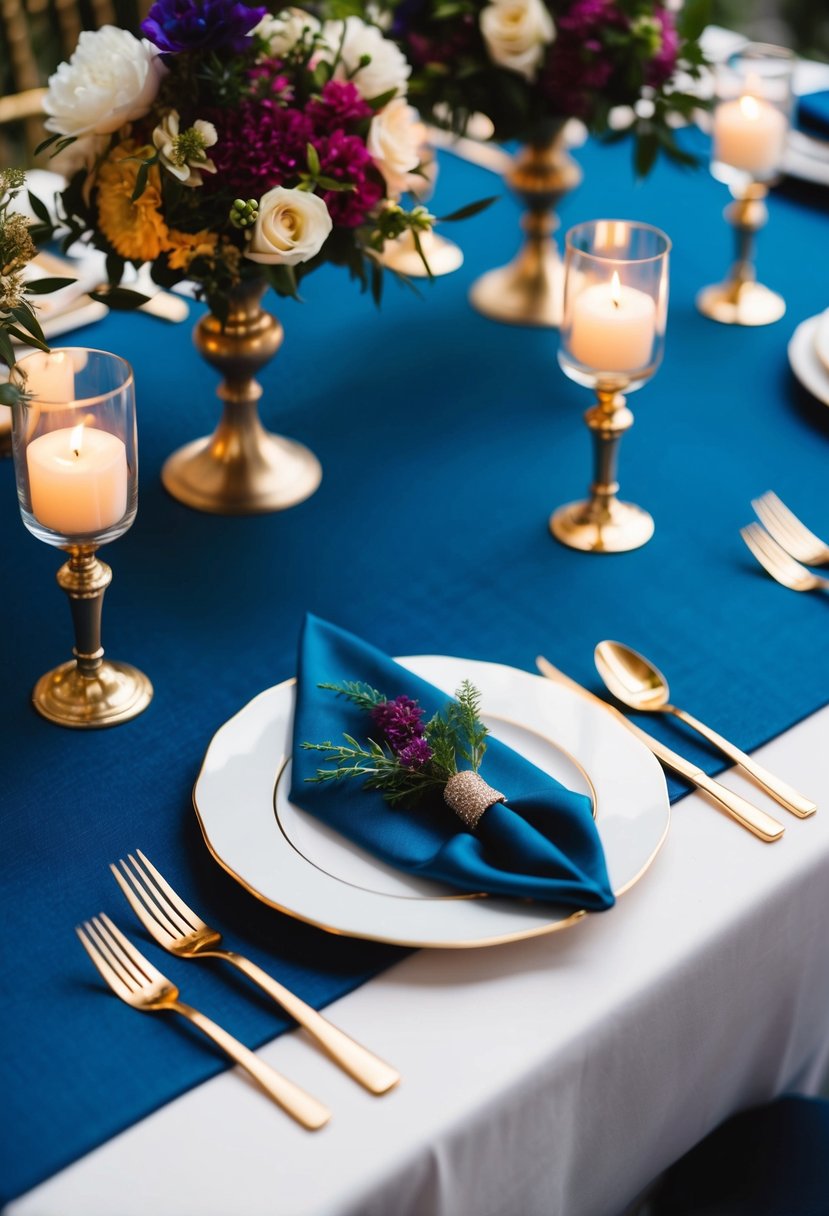 Gold cutlery placed on a sapphire tablecloth, accompanied by jewel-toned floral centerpieces and candle holders, creating an elegant wedding table setting