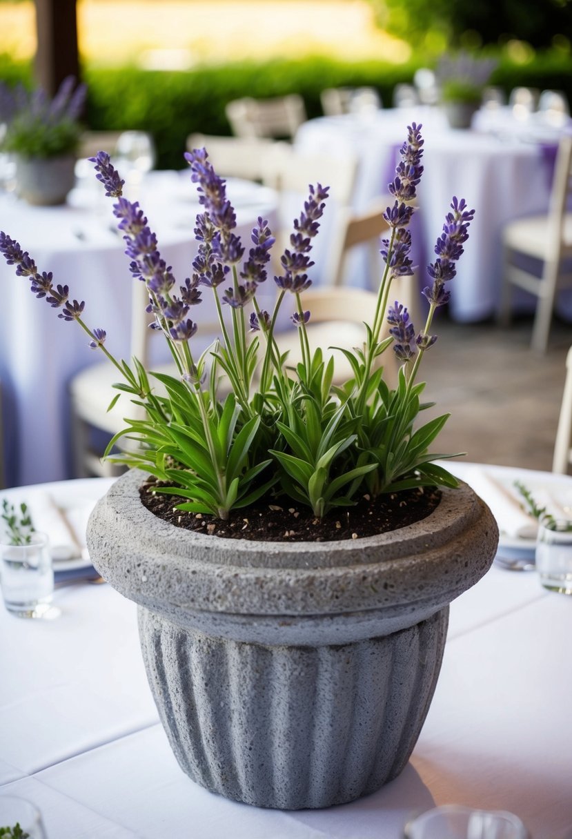 Stone planters hold fresh lavender, set on low-key wedding tables