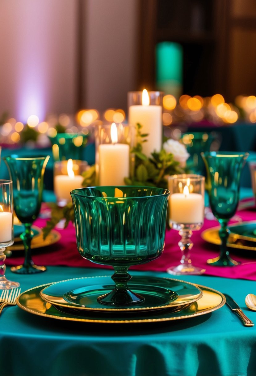 Emerald glassware sits atop richly colored table linens, reflecting the warm glow of candlelight at a jewel-toned wedding reception