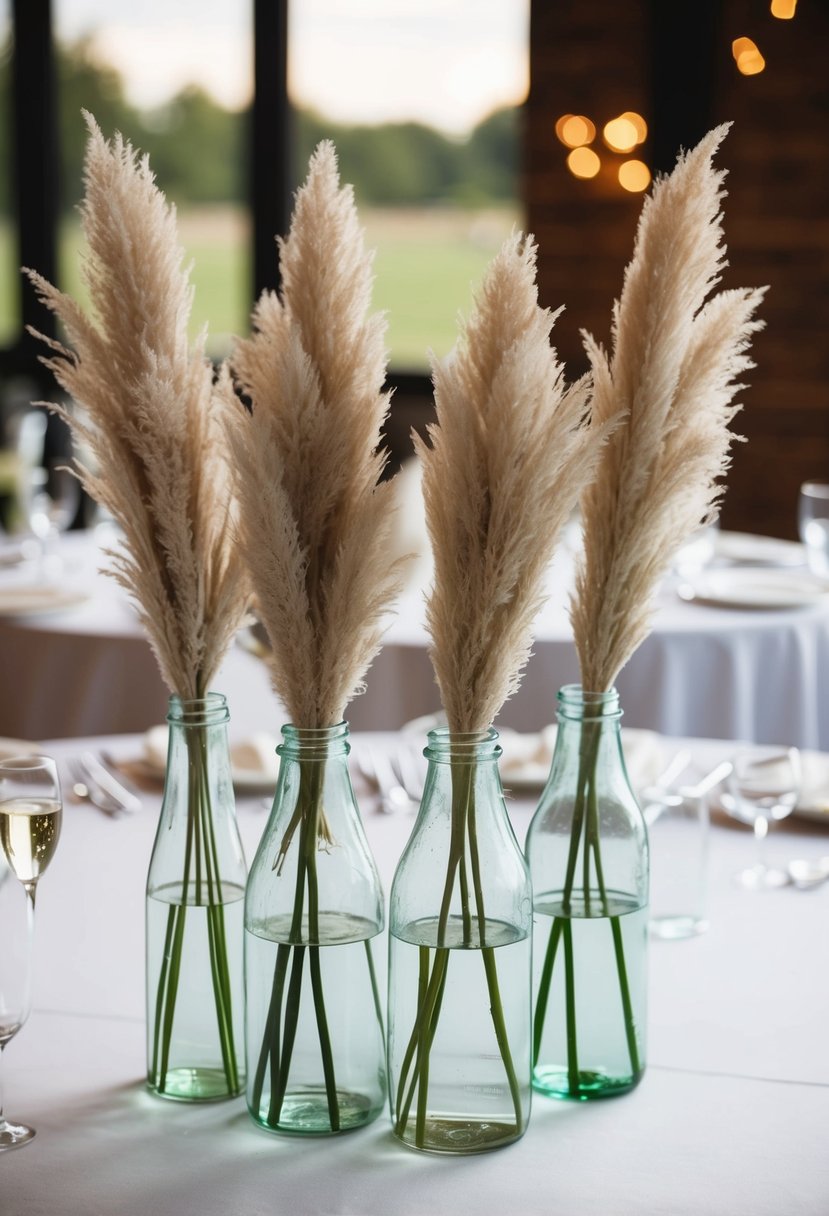 Pampas grass in glass jars arranged on a wedding table