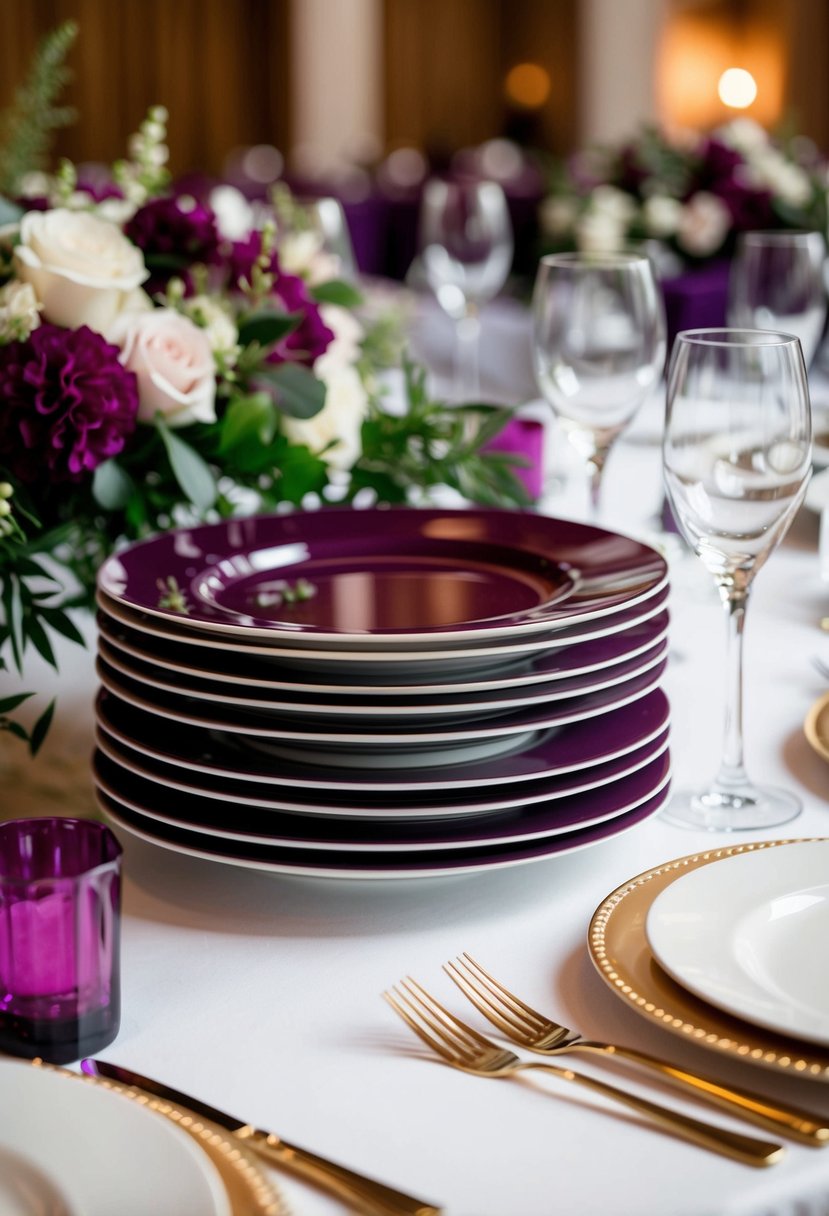 Ruby and amethyst chargers stacked on a table, adorned with jewel-toned decorations for a wedding