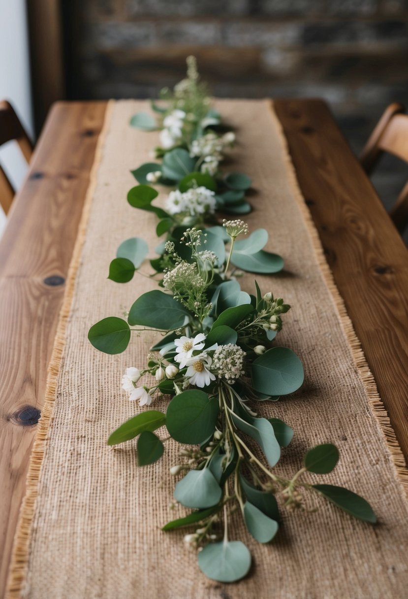 A rustic burlap table runner lays across a wooden table, adorned with simple greenery and delicate wildflowers, creating a low-key wedding table decoration