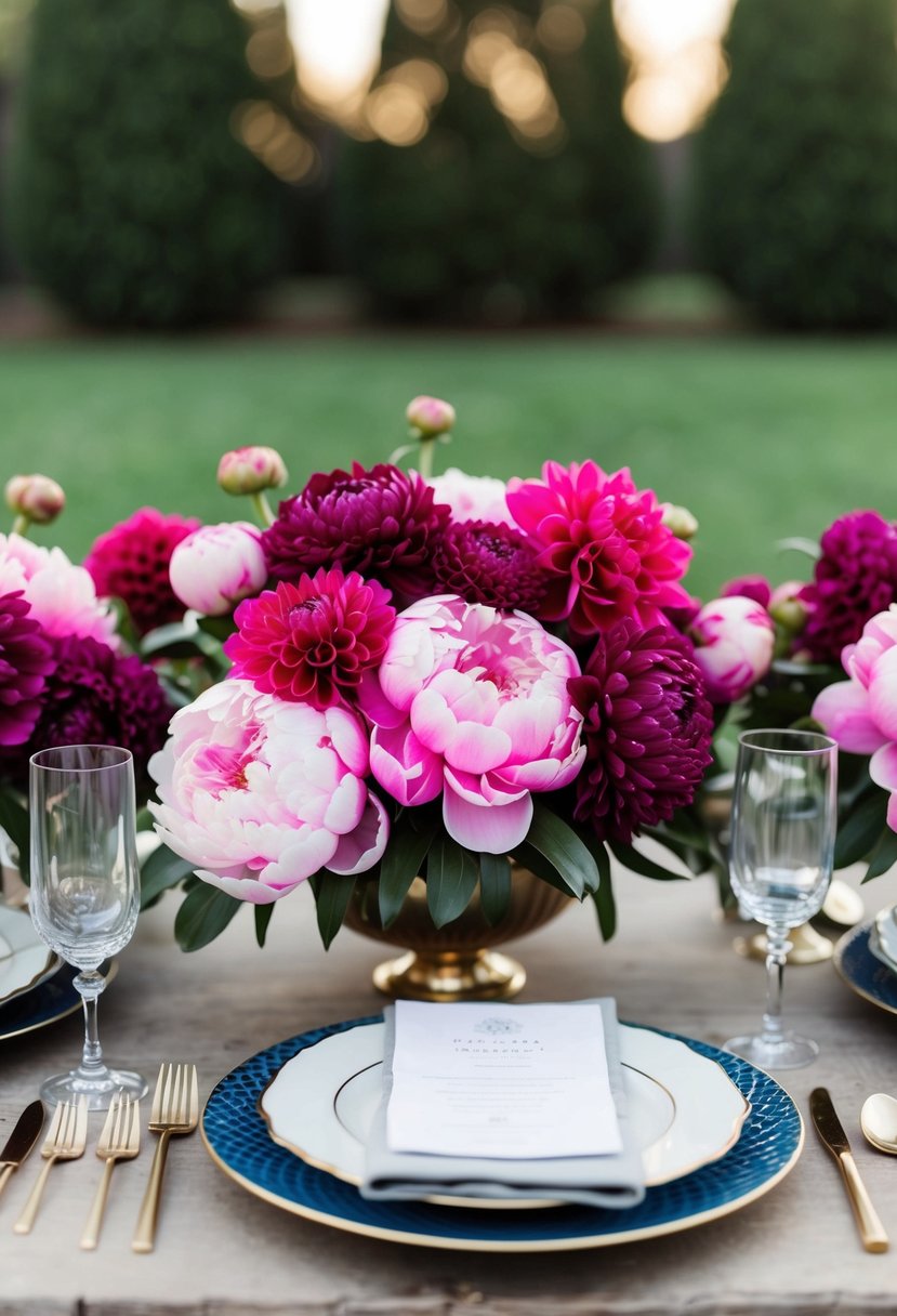 A table adorned with peonies and dahlias in rich jewel tones