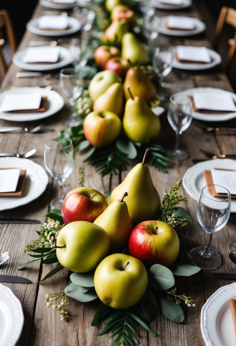 A rustic wooden table adorned with elegant fruit arrangements of apples and pears, creating a low key and natural wedding decoration