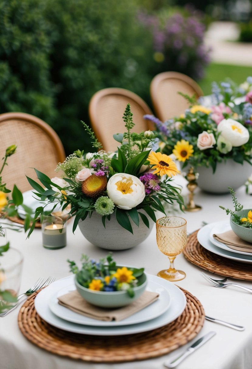 A table set with garden-inspired floral bowls for a low-key wedding