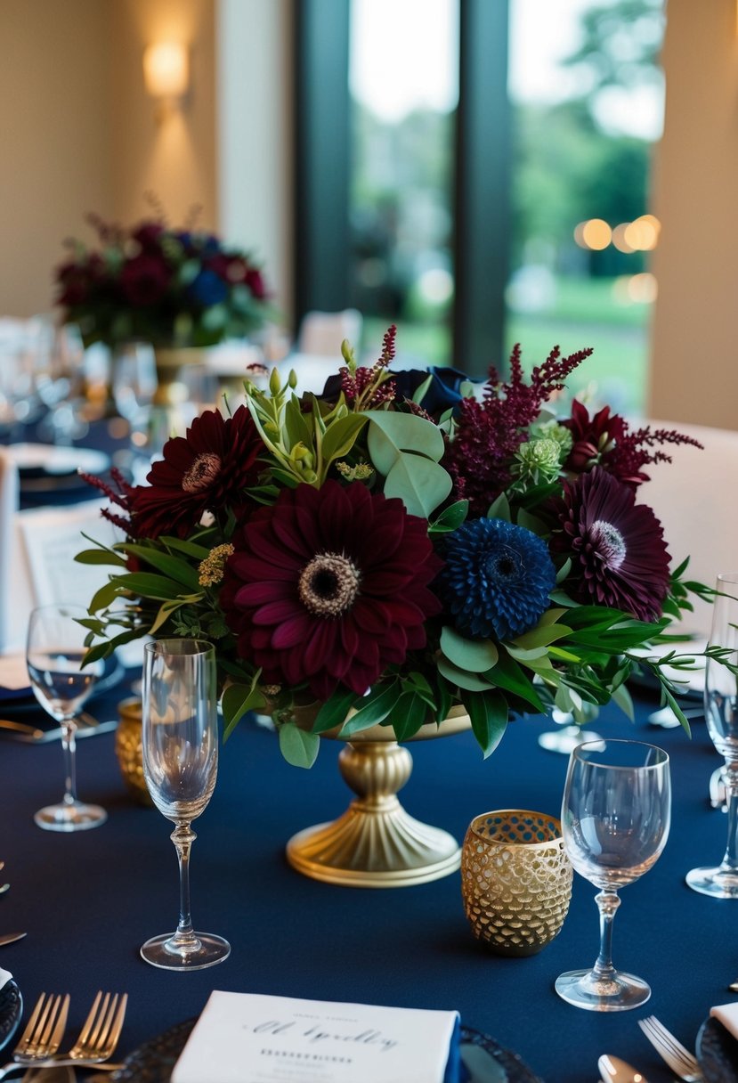 A table adorned with burgundy and navy flowers, accented with jewel-toned greenery, creating elegant wedding centerpieces