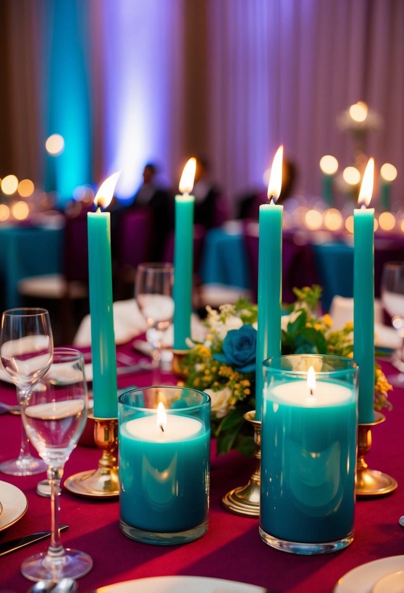 Teal candles casting a warm glow on a richly colored jewel tone wedding table, adding a vibrant pop of color to the elegant setting