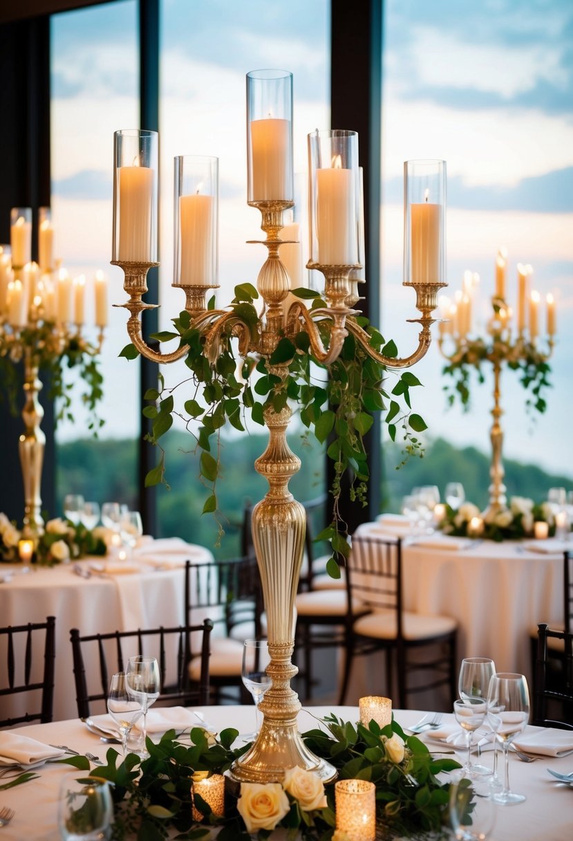 Elegant candelabras adorned with draping vines on a wedding table