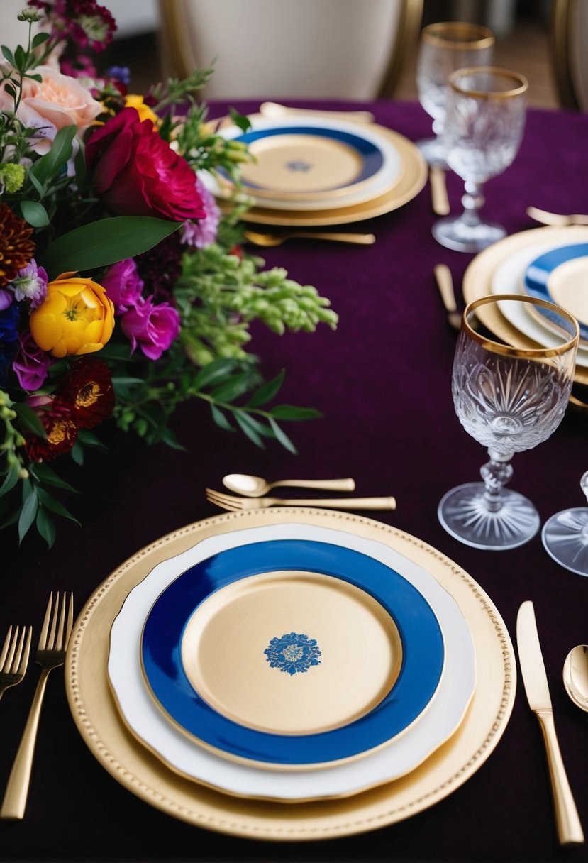 Gold-rimmed chargers hold richly colored plates, surrounded by jewel-toned florals and elegant tableware