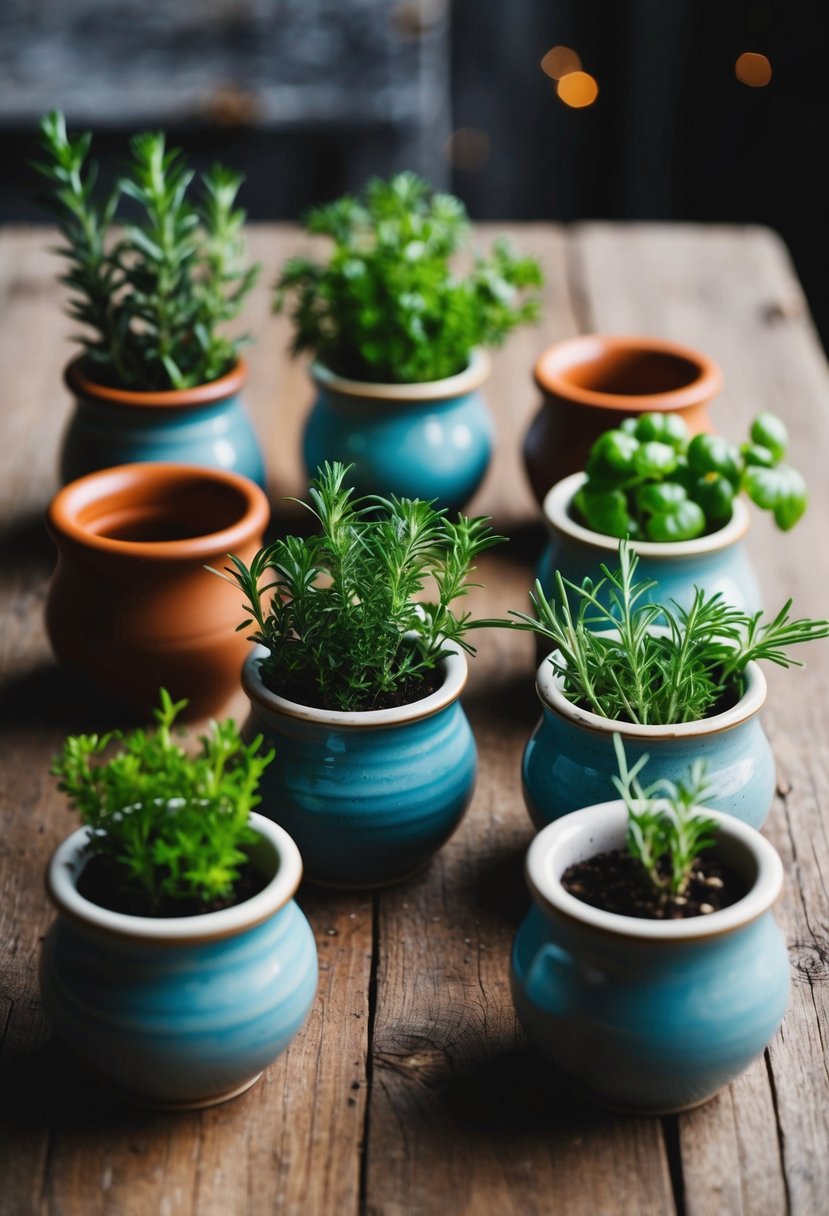 Small ceramic pots with fresh herbs arranged on a rustic wooden table