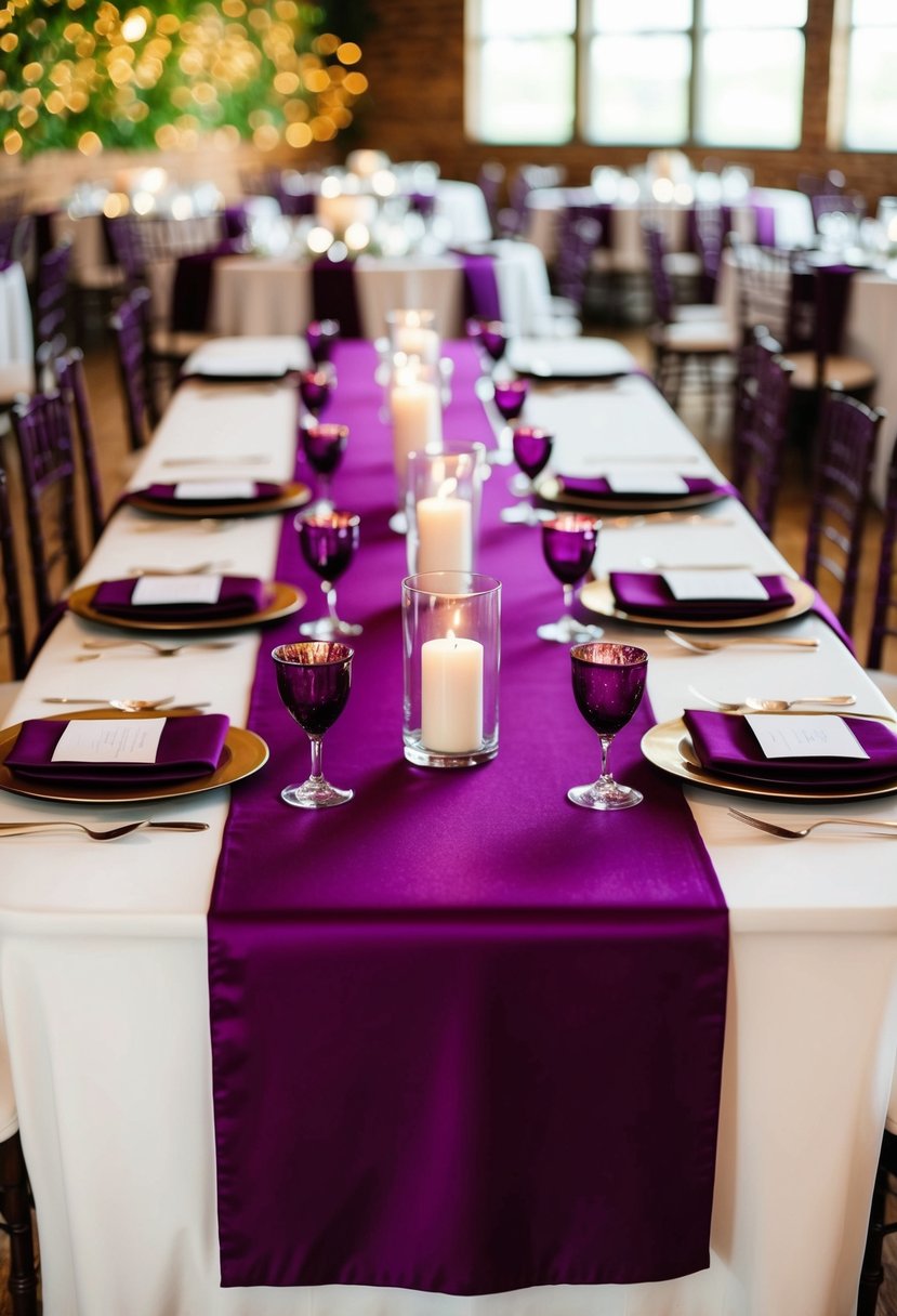 Deep purple table runners adorn tables with jewel tone decorations for a wedding