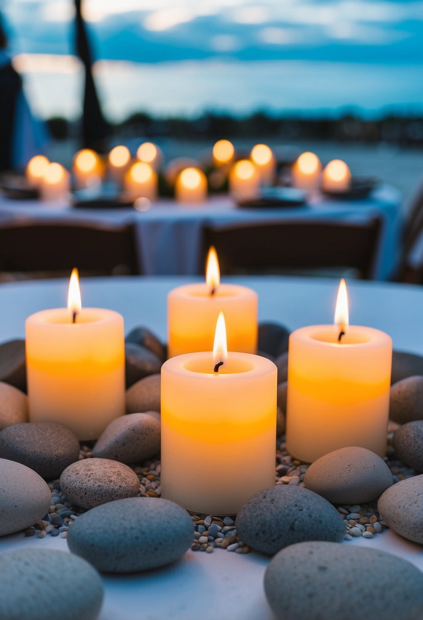 Smooth beach stones surround flickering candles, creating a serene low-key wedding table decoration