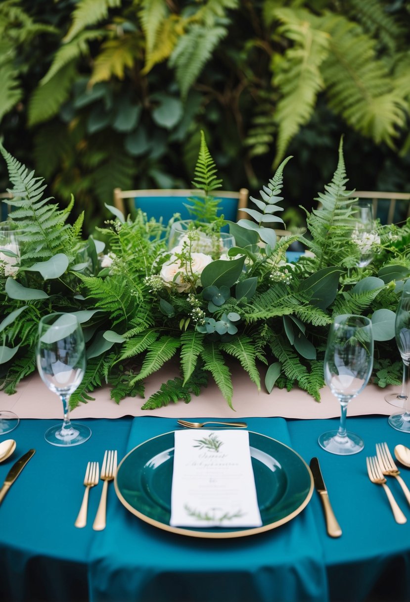 Lush green ferns and eucalyptus adorn a jewel-toned wedding table