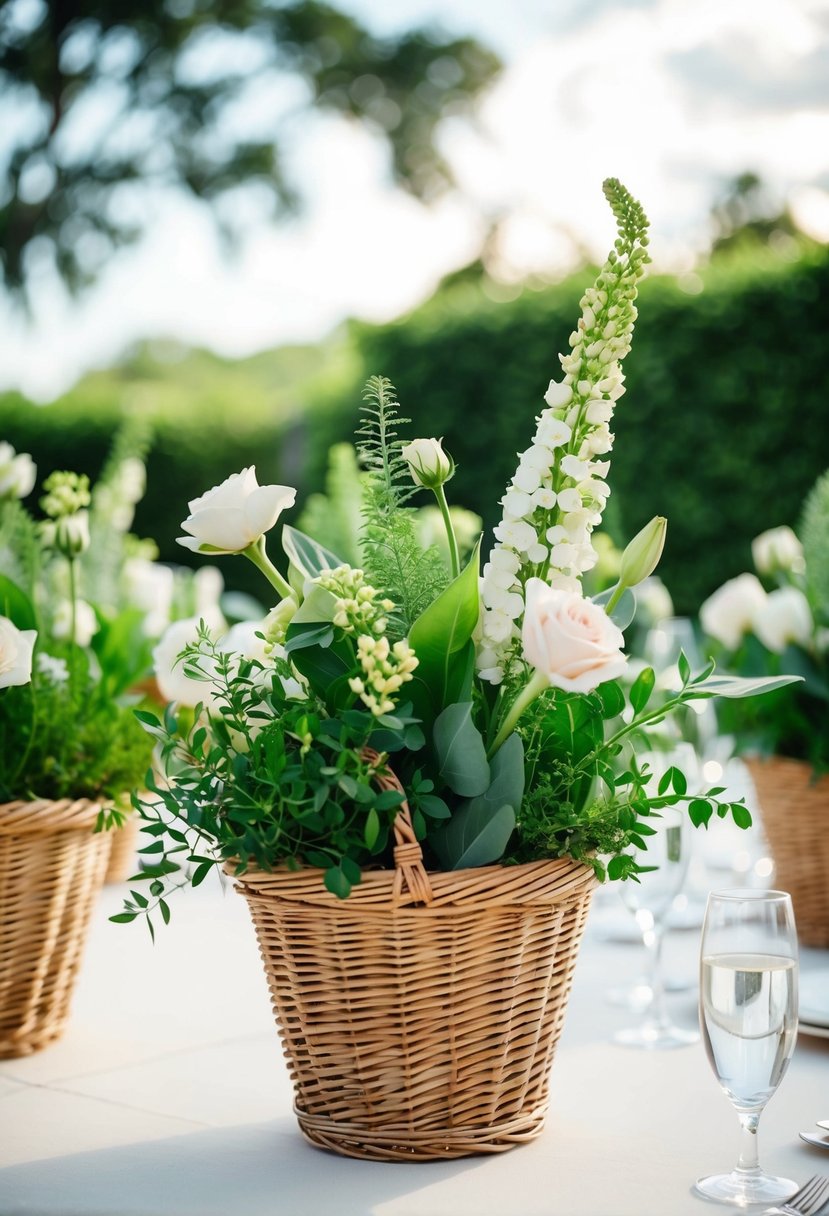 Lush greenery and delicate flowers fill wicker baskets atop a wedding table