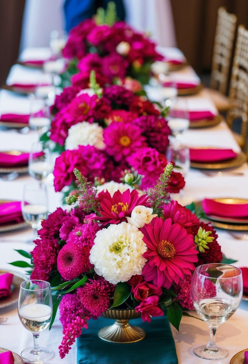 A table adorned with vibrant magenta floral arrangements, adding a pop of color to the jewel tone wedding decor