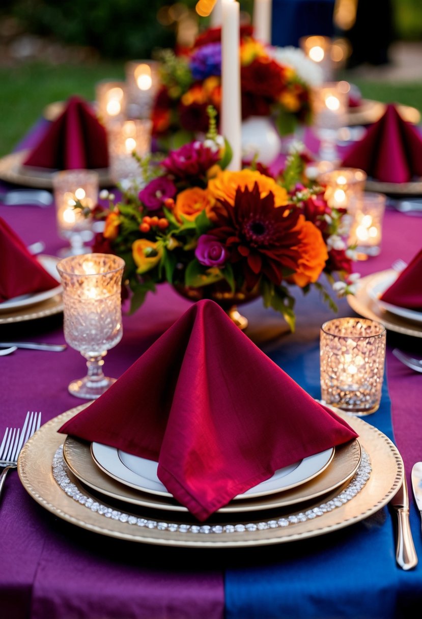 Garnet napkins arranged at each place setting on a jewel tone wedding table with vibrant floral centerpieces and sparkling candle holders