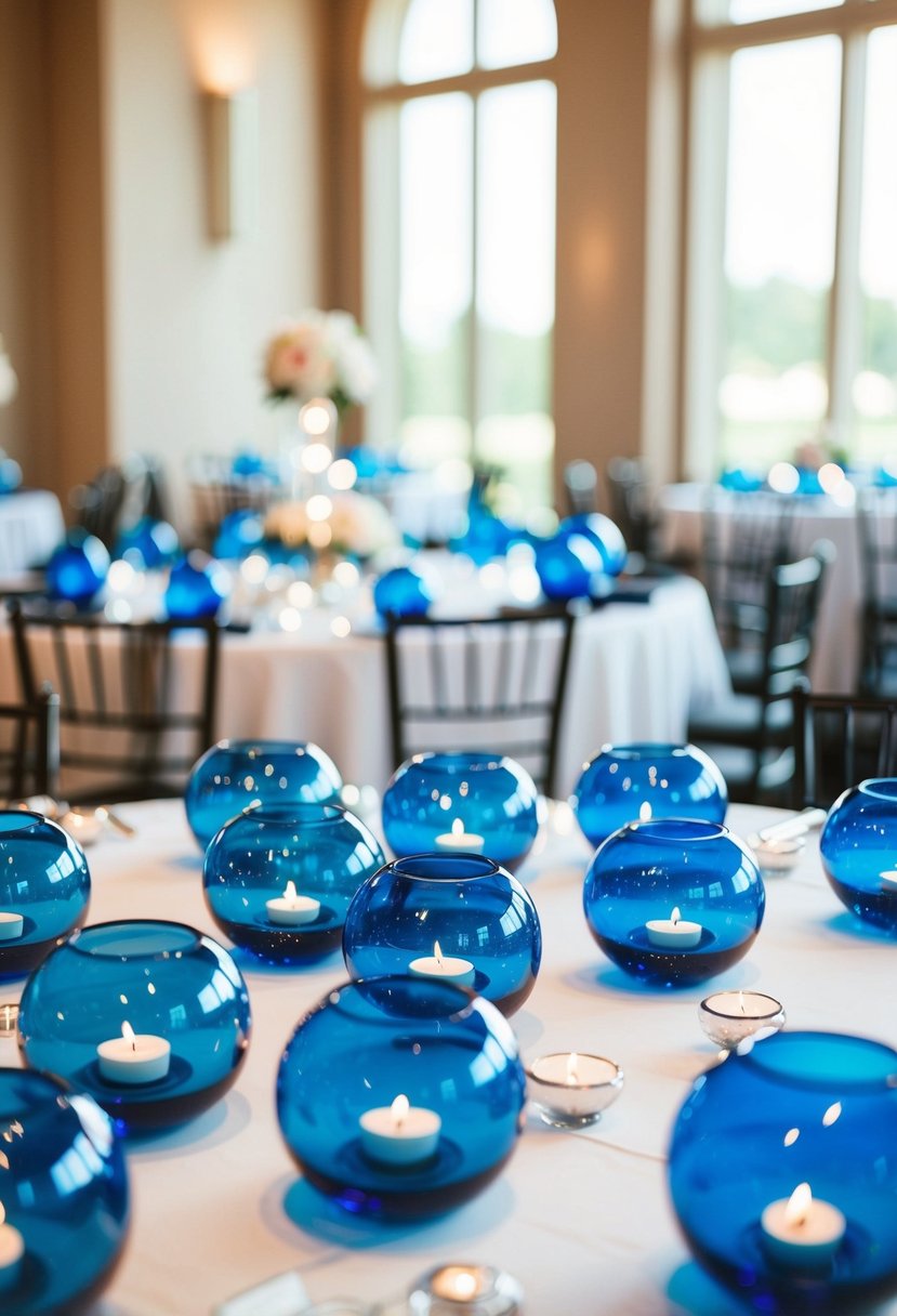 Sapphire blue glass orbs arranged on tables, catching the light, adding a touch of elegance to the jewel tone wedding decor