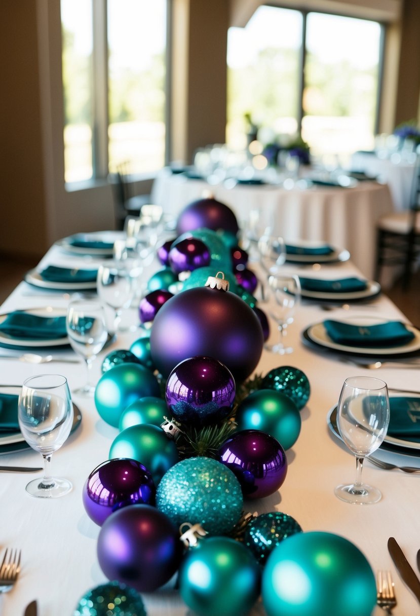 A table adorned with rich eggplant and teal ornaments, creating a jewel-toned wedding centerpiece